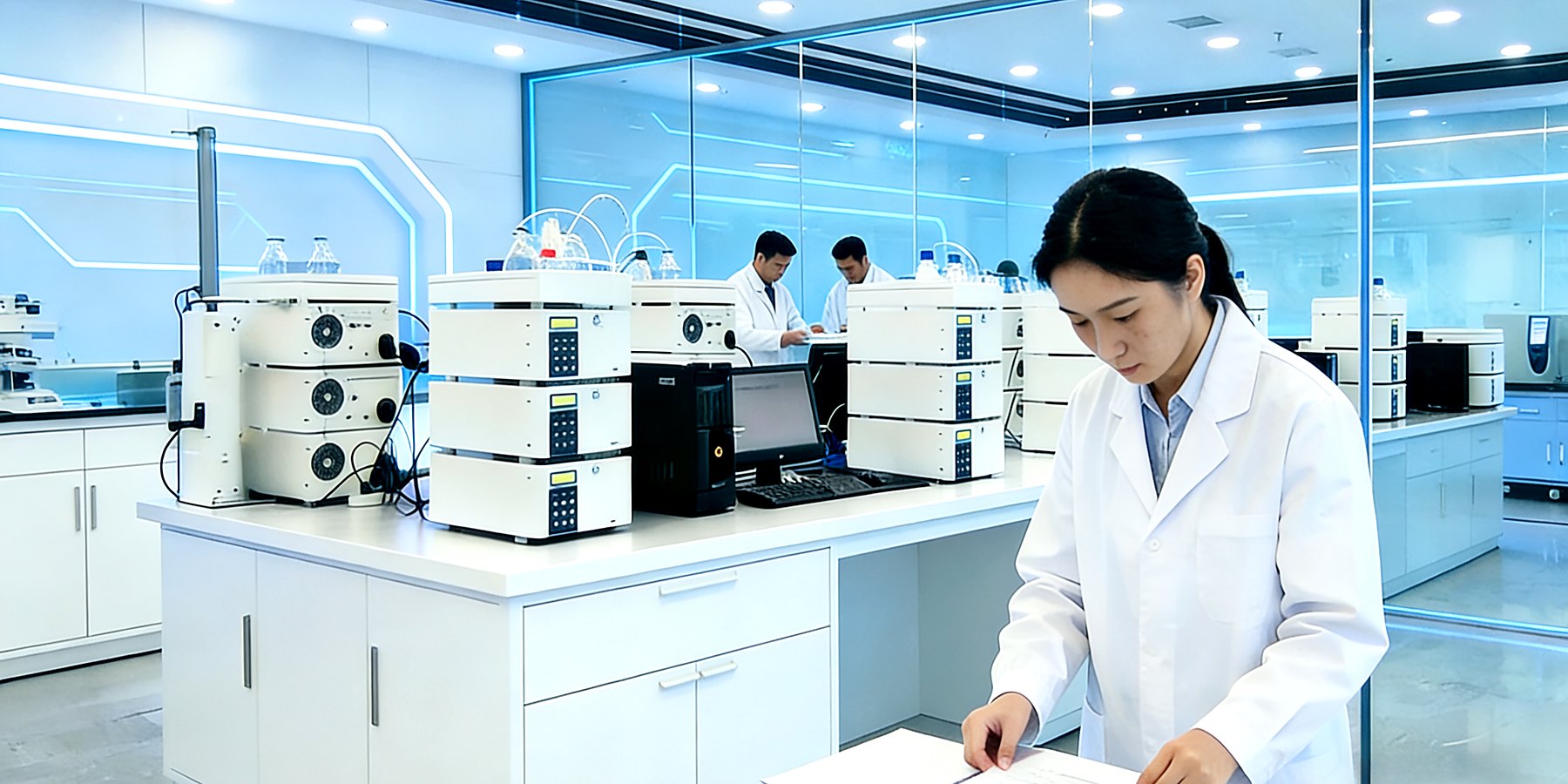 Laboratory team working with analytical instruments